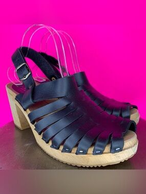 Moheda Linda Black Leather Peep Toe Slingback Wood Clog Heeled Sandal  EU 41